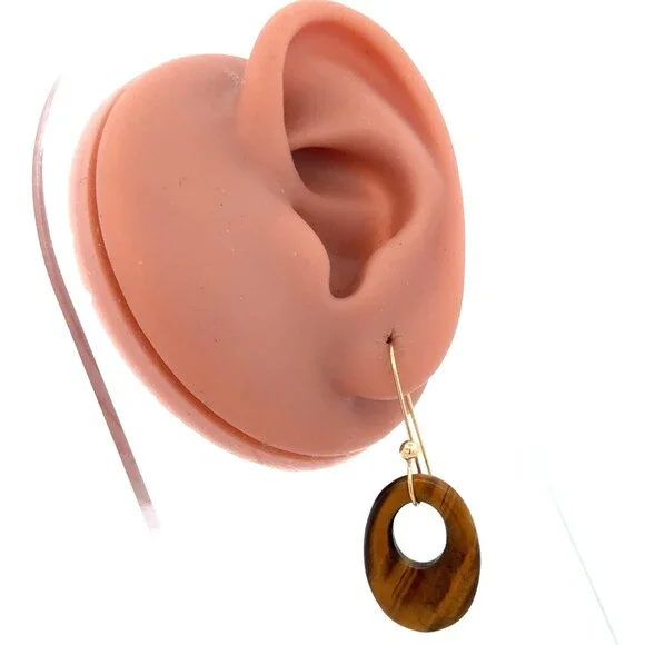 Estate 14k Yellow Gold Oval Carved Tiger's Eye Doorknocker Dangle Hook Earrings